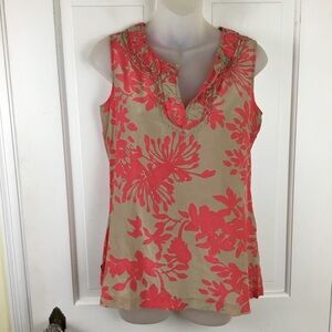 Eddie Bauer Sleeveless Floral Top Coral Tan Resortwear Summer Silk